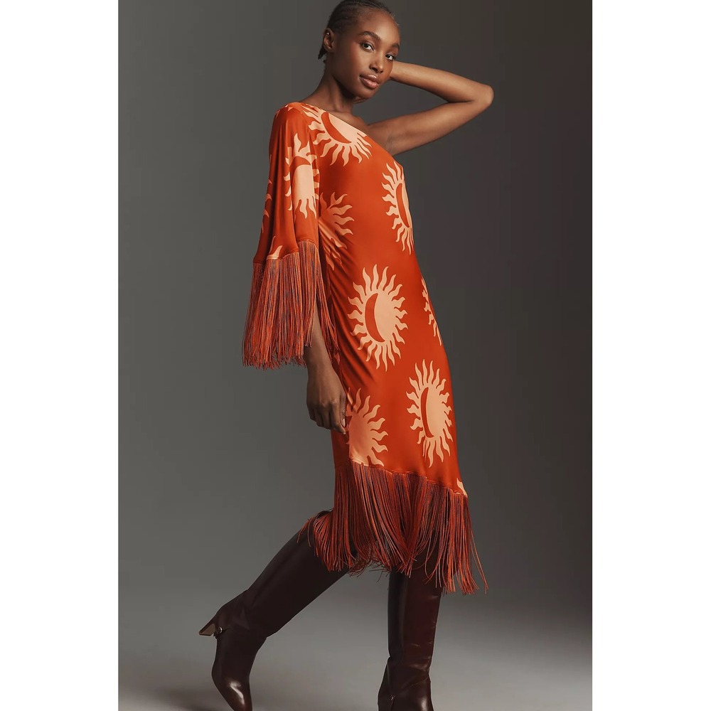 Farm Rio for Anthropologie Sun Motif One Shoulder Fringe Midi Dress Orange L NWT